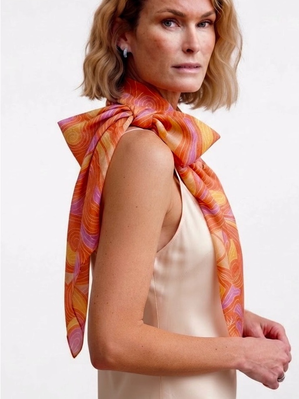 Silk-Feel Orange Patterned Neck Scarf